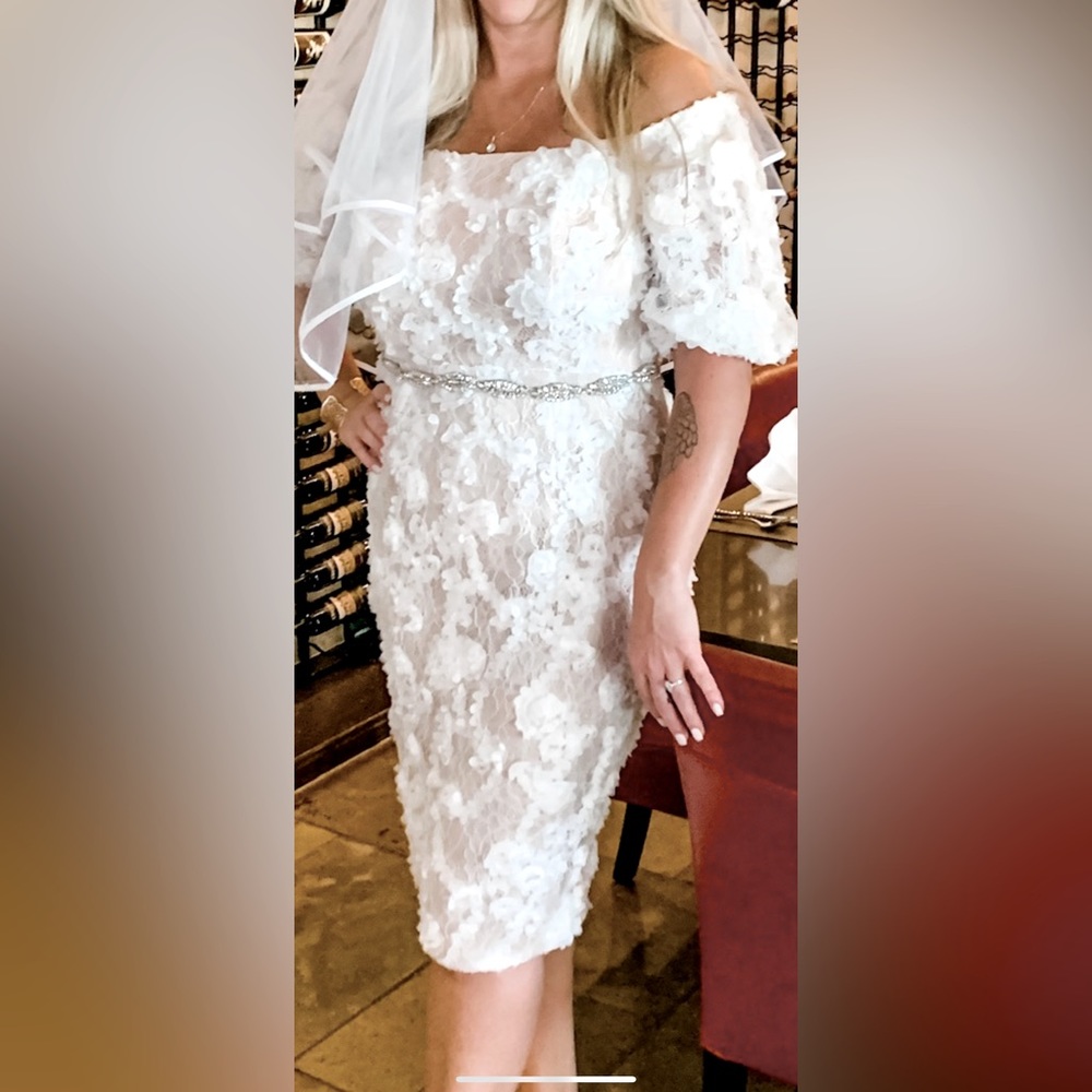 Xscape ivory lace off shoulder balloon sleeve dress